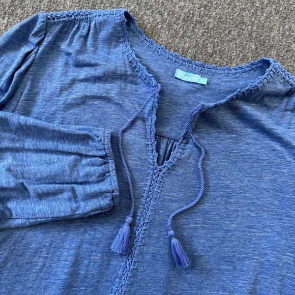 J.Mclaughlin Long sleeve Tie V-neck Top Size M Blue Blouse Linen blend tassel - Picture 1 of 7